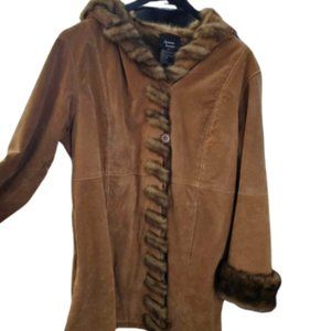 Tan Brown Suede Faux Fur Leather Long Winter Coat Rope Style Pattern 1X